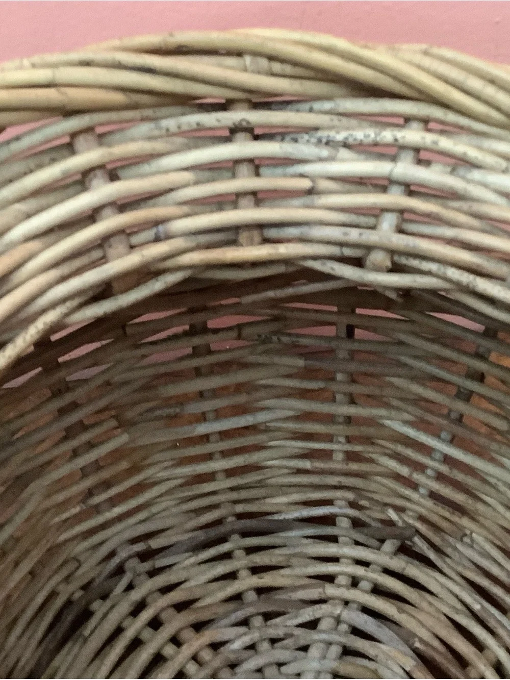 Vintage Handmade Wicker Basket, Wrought Iron Handle, Glass Rings & Oak Leaves